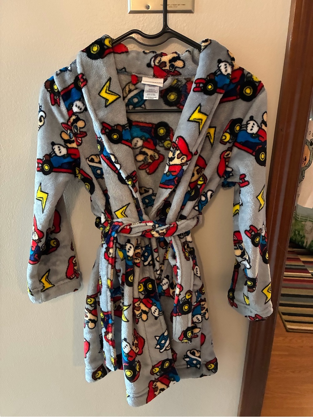 Kids Gray Character Print Hooded Robe - Soft Fleece